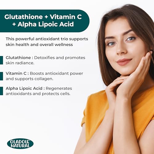 Oladole Natural Glutathione 60 Capsules | Complex with Vitamin C & Alpha Lipoic Acid | Triple Strength Formula Boosts Collagen for Skin Brightening, Dark Spot Reduction & Anti-Aging