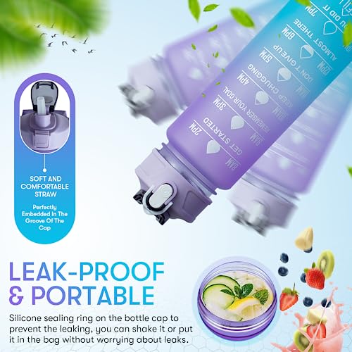 BPA 3 Pack Sport Healthy Water Bottle 2L+900ml+500ml Motivational Time Marker,Straw,Phone Holder, Plastic, Adults Kids Fitness Office Gym Home Outdoor School Exercise Protein shake Leak Proof (Blue)