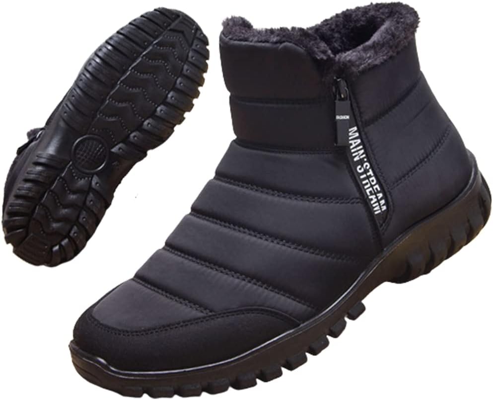 Men's Waterproof Warm Cotton Zipper Snow Ankle Boots, Winter Warm Slip on Thick Plush Mens Snow Boots, Non-Slip Winter Shoes for Men (Black,7.5) – image 1