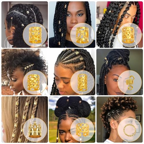 Odluzy 220 PCS Hair Beads for Locs Women Braids, Loc Jewelry for Hair, Dreadlocks Accessories, Metal Gold Silver Clips Cuffs Coils Shells Rings for Hair Braiding Beard Decoration for Girls Women