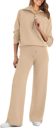 Womens 2 Piece Outfits Sweatsuit Set Oversized Half Zip Sweatshirt Wide Leg Sweatpants Lounge Set Tracksuit - Khaki