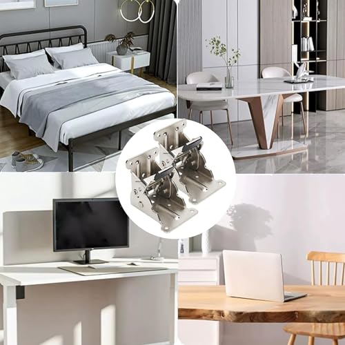 DXIA 2Pcs Folding Support Frame,Steel Folding Bracket,Folding Hinges,90 Degree Auto Lock, Telescopic Feet for Folding Legs Folding Workbench Expansion, Silver
