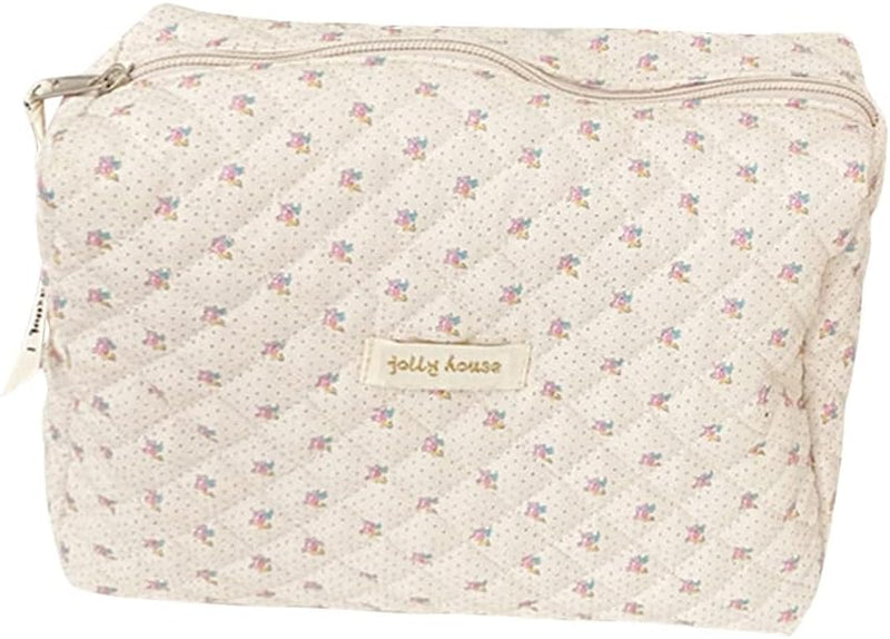 Cotton Makeup Bag Large Travel Cosmetic Bag Quilted Cosmetic Pouch Coquette Aesthetic Floral Toiletry Bag, B-Beige, 9.4x6.7x3.54in - Beige