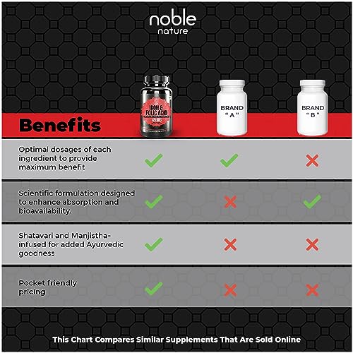 Noble Nature Iron with Folic Acid & Spinach Extract Supplement - 120 Tablets | Iron, Zinc, Vitamin C, Folic Acid & Vitamin B12 |