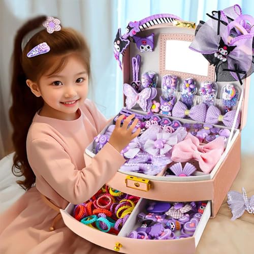 Hair Accessories for Girls, Purple Kuromi Hair Accessories Set including Hair Clips, Hair Ties, Hair Barrettes and Bows with Storage Box, Hair Accessories Gift Box for Kids Age 3-10 (KLM-03)