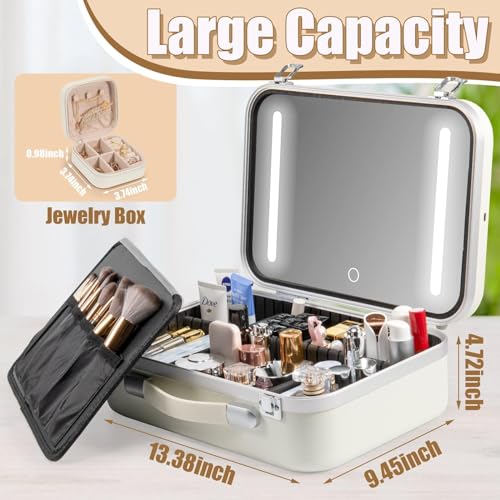 Makeup Travel Case with Mirror - Lighted Cosmetic Bag Organizer with Large LED Light Mirror, Professional Adjustable Divider Storage, Waterproof Portable Make up Train Box Accessories And Tools Case
