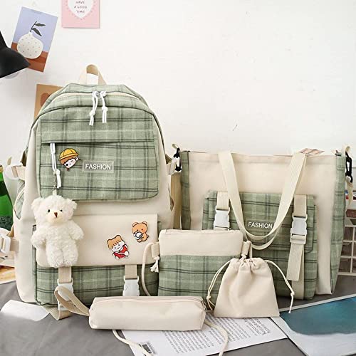 WVHTHVW 5Pcs Backpack School Book Bag Set,Canvas School Backpack Combo Set,Kawaii Bags Kawaii Bookbag Accessories Backpack Cute Aesthetic Backpack for School, Kawaii Girls Schoolbag-Black (Green)