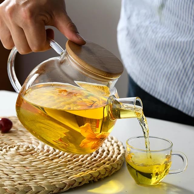 bamboo Glass Teapot Stoveto Borosilicate Clear Tea Kettle with Bamboo Lid, Glass Tea pot with Removable Filter Spout, Teapot Blooming and Loose Leaf Tea Maker Tea Brewer for Camping 1L