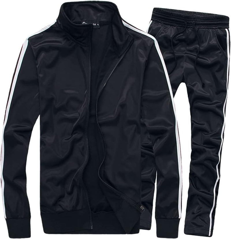 Men's Activewear Full Zip Warm Tracksuit Sports Set Casual Sweat Suit - Black
