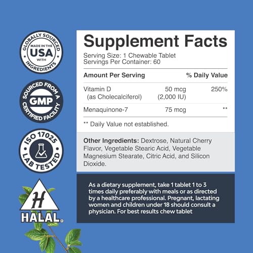 Vitamin D3 with K2 MK7 Supplement - Vitamin D3 2000 IU Tablets and Vitamin K2 for Immune Support Bone Health Heart Health Joint Support Bone Strength and Mood Boost - VIT D3 K2 Immune System Support