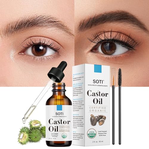 Castor Oil (2oz), USDA Certified Organic, 100% Pure, Cold Pressed, Hexane Free by Soti. Stimulate Growth for Eyelashes, Eyebrows, Hair, Skin Moisturizer