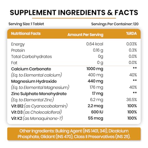 Himalayan Organics Calcium Magnesium Zinc Vitamin D3, B12 & K- 120 Vegetarian Tablets I Supplement for Women and Men, For Bone Health & Joint Support