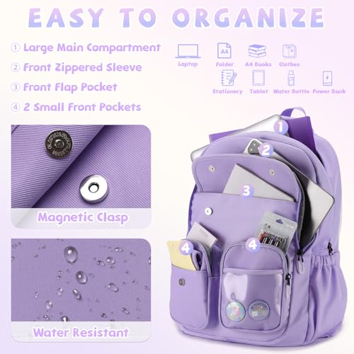School Bags for Girls,VASCHY Cute Kids Backpack for Elementary Middle Schooler Teen Girls/Kids Travel with Clear Pin Pouch