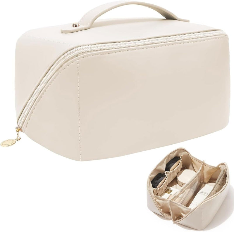 Travel Makeup Bag Large Capacity Cosmetic Bag, PU Leather Cosmetic Bag Waterproof, Multifunctional Storage Travel Toiletry Bag Skincare Bag (White)