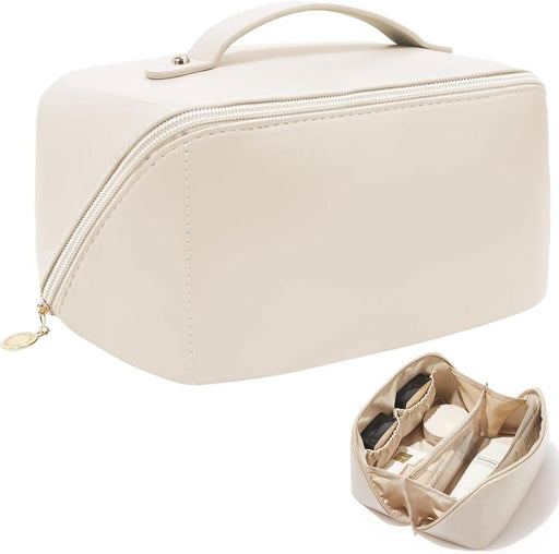 Travel Makeup Bag Large Capacity Cosmetic Bag, PU Leather Cosmetic Bag Waterproof, Multifunctional Storage Travel Toiletry Bag Skincare Bag (White)