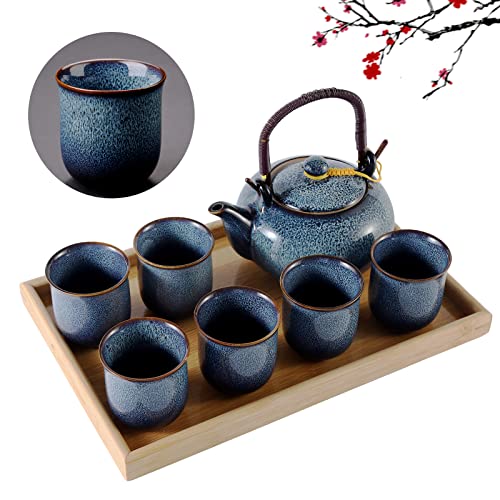 DUJUST Japanese Tea Set for 6, Kiln Altered Glaze Porcelain Tea Set with 1 Teapot, 6 Tea Cups & 1 Tea Tray, Unique Chinese Tea Sets for Adults/Tea Lovers/Women/Men, Blue