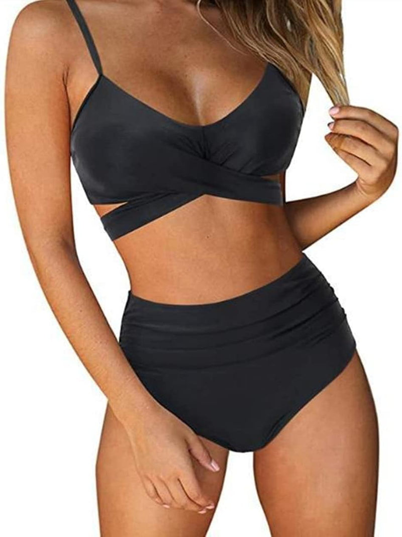 Women High Waisted Wrap Bikini Set Back Tie 2 Piece Swimsuits Low Neck Push Up Bathing Suits Solid Swimwear Print Criss cross Swimming suit Beachwear
