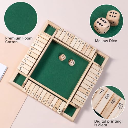 ECVV Shut The Box Dice Game 4 Sided Wooden Table Math Board Game for 1-4 Players Classic Family Game with 2 Dices for Family Classroom Home or Bar
