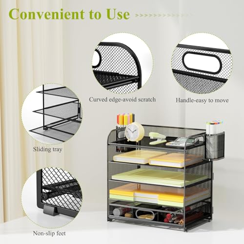 5Tray Desk Organizer with Drawer,Mesh Paper Letter Tray Organizer with Handleand 2Pen Holder,Desktop File Organizer and Storage Office Organization Metal Paper Tray for Letter/A4 Office File Folder