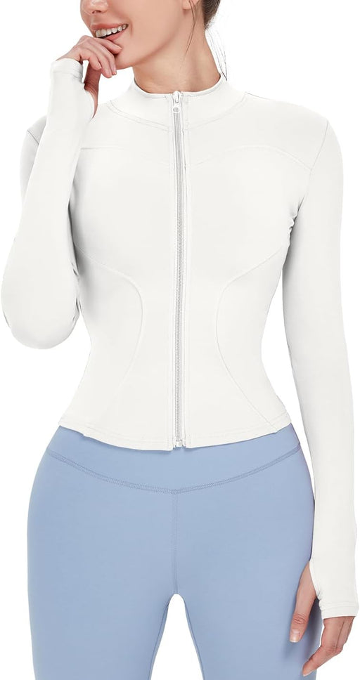 Women's Lightweight Stretchy Workout Full Zip Running Track Jacket with Thumb Holes - White