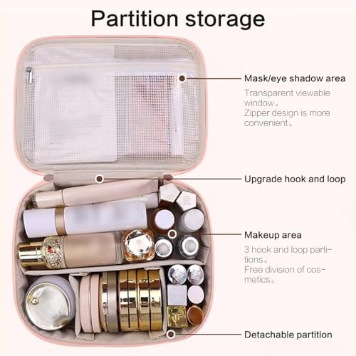 Large Makeup Bag, Portable Travel Makeup Bag for Women Girls, Makeup Organizer Cosmetic Bag with Makeup Brush Compartment, Waterproof Leather Makeup Travel Case With Handle and Divider - Black (Pink)