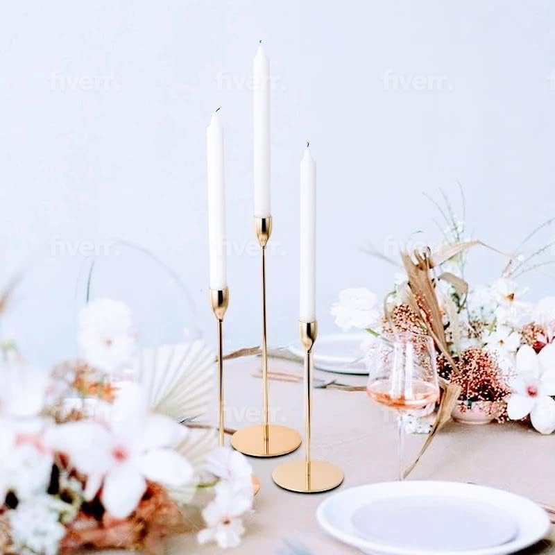 Candlestick Luxury Holder, 3PC's of holders for Party, Wedding, Dinner DECORATIVE metal Gold for tapper candles for Table, Mantel, Wedding, Dinning, Housewarming Gift