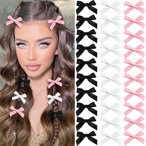 Tazweeq 30 Pcs Bow Hair Clips, 3 Colors Satin Mini Bowknot Hair, Accessories Cute Hair, Non-Slip Hair Clips, Mini Bowknot Hair, Bow Barrettes Ribbon Hairpins for Women Girls
