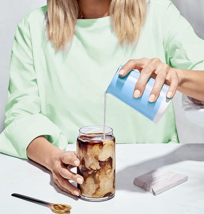 2PCS Drinking Glasses with Bamboo Lids and Glass Straw, Beer Can Shaped Glass Cups, Tumbler Cup Ideal For Beer, Tea, Soda, Iced Coffee Include 500ml