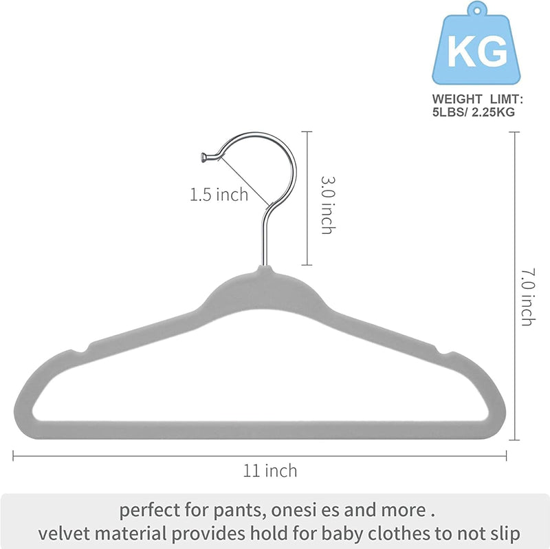 Red Dot Gift® 50 Pack Baby Velvet Hangers 11Inch/28cm - Nursery Clothes Hangers Non Slip Toddler Hangers, 360 Chrome Swivel Hook (White, 50)
