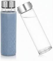 750ml Glass Water Bottle with Stainless Steel Leak-Proof Lid & Carry Handle Reusable Drinking Bottle with Neoprene Sleeve for Office, Gym, Travel & School (Blue) - Grey