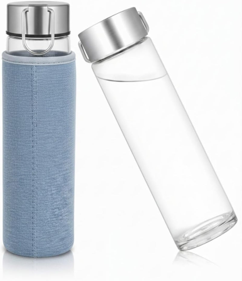 750ml Glass Water Bottle with Stainless Steel Leak-Proof Lid & Carry Handle Reusable Drinking Bottle with Neoprene Sleeve for Office, Gym, Travel & School (Blue) - Grey