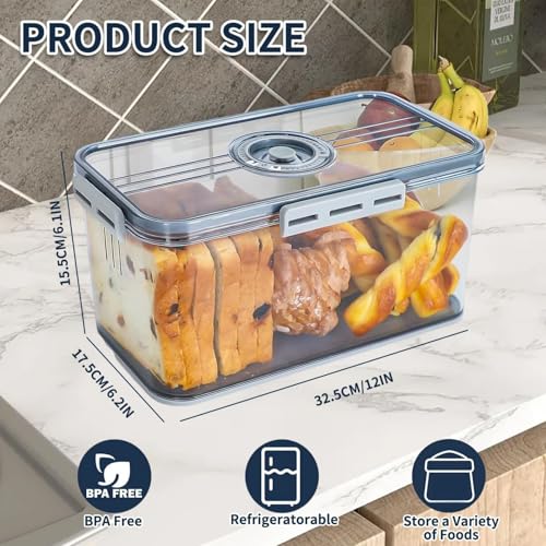 Baoly Bread Box for Kitchen Counter, Airtight Loaf Bread Storage Container with Time Recording Dial, Grey, 32.5 cm (L) x 17.5 cm (W) x 15 cm (H), Ideal for Bread, Pastries, Snacks, and Fruits