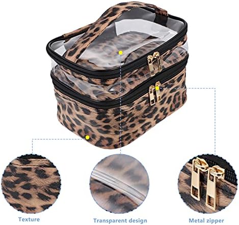 Lurrose Makeup Bag with Large Capacity Double-layer Travel Toiletry Bag Portable Cosmetic Organizer Multifunctional Storage Pouch (Leopard Print)