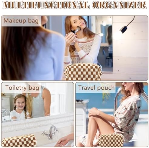 ZLFSRQ 3Pcs Checkered Makeup Bag for Women Large Cosmetic Bag Set Travel Toiletry Bag Makeup Pouch Bag for Purse Pink Zipper Storage Bag Organizer Cute Small Aesthetic Girls Car Essentials Bag