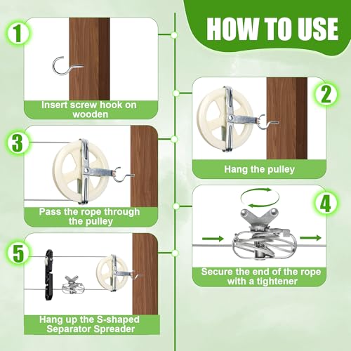 Anglekai Outdoor Clothesline Kit, Clothesline Pulley Kit Include 150FT Clothes Line/ 2 Pulley/ 2 Separator Spreader/Tightener/ 4 Hooks for Outdoor Clothes