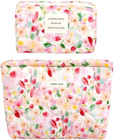 Azonee 2 Pcs Floral Makeup Bag Large Travel, Cotton Quilted Cosmetic Makeup Bag Organizer, Cute Coquette Aesthetic Zipper Portable Pouch Purse Toiletry Bag for Skincare Cosmetics (Pink Floral flowers)