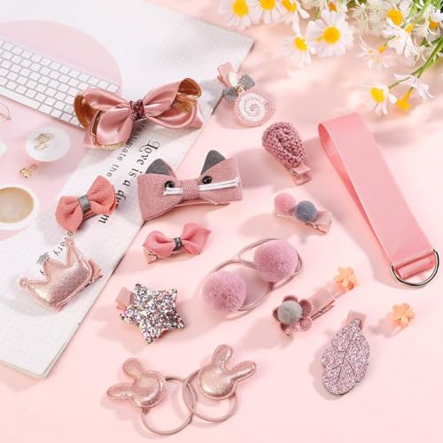 BIGTHREE 18 Pieces Children's Hair Bow Clips Set, Kid Hair Pin Hair Accessories, Pink Hair Bows Clips, Ponytail Holder Hairpins for Little Girls Toddlers Kids, Assorted styles, for Children's Gift (Pi
