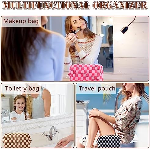 ZLFSRQ 3Pcs Checkered Makeup Bag for Women Large Cosmetic Bag Set Travel Toiletry Bag Makeup Pouch Bag for Purse Pink Zipper Storage Bag Organizer Cute Small Aesthetic Girls Car Essentials Bag