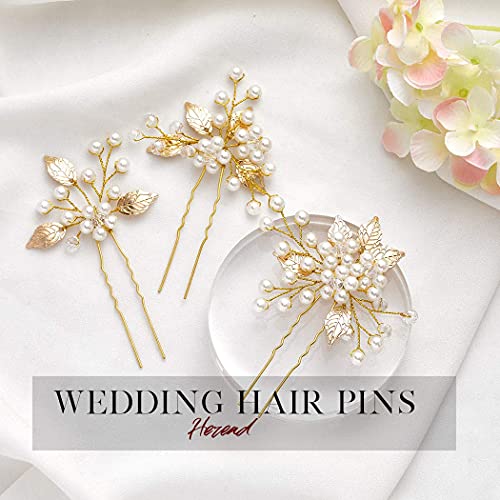Excefore Pearl Bride Wedding Hair Pins, 3Pcs Leaf Bridal Head Piece Flower Hair Accessories for Women and Girls