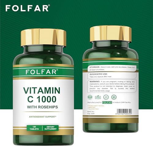 Folfar Vitamin C - 1000mg (120 Tablets) With Rose Hips| Antioxidant Protection, Boost Immune System & Supports Healthy Skin| 120 Daysâ€™Supply Ascorbic Acid Supplement | Non- GMO, Gluten Free