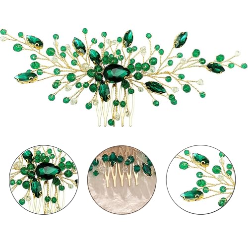 Ling & Bai Wedding Hair Comb, Bridal Emerald Green Crystal Side Headpieces Gold Rhinestone Hair Accessories for Women Bridesmaid Girls (Green)