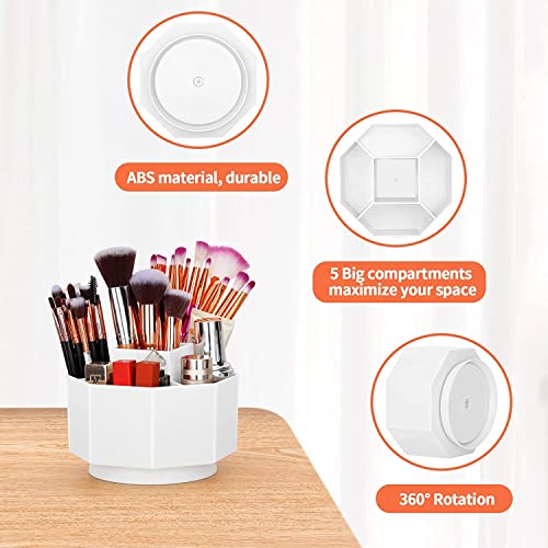 TNTAIAHL Desk Organizer, 360-Degree Rotating Pen Pencil Holder, 5 Compartments Desktop Stationary Organizer, Home Office Art Supply Storage Box Caddy (WHITE)