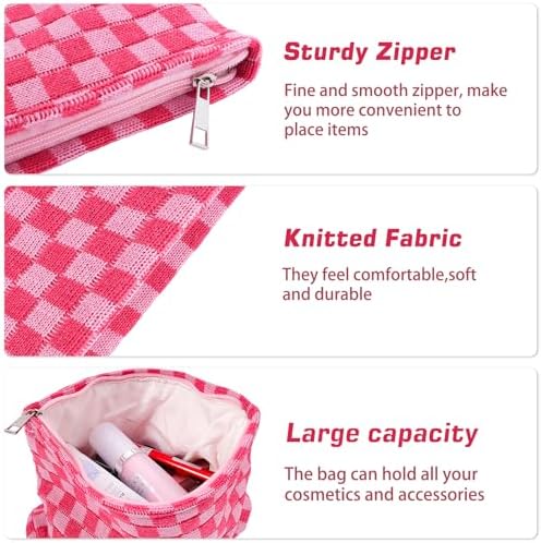ZLFSRQ 3Pcs Checkered Makeup Bag for Women Large Cosmetic Bag Set Travel Toiletry Bag Makeup Pouch Bag for Purse Pink Zipper Storage Bag Organizer Cute Small Aesthetic Girls Car Essentials Bag