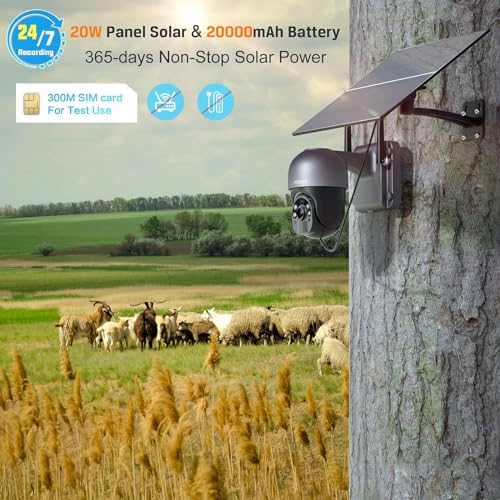 Xega 4G LTE Security Camera【20W Solar Panel 20,000mAh Battery】 with SIM Card - [24/7 Record] Solar Powered Security Camera Outdoor Wireless, 2K HD Color Night Vision CCTV, PIR Motion Detection, IP66