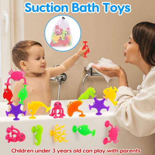 Toddler Suction Cup Bath Toys, Ocean Animal Bath Toys for Kids Ages 1-3 4-8 No Hole Mold Free Bathtub Toys for Toddlers 2-4 3-5 Kids Travel Window Building Toys for 2 3 4 5 Year Old Boys Girls Gifts