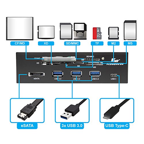 Kingwin Powered Usb Hub 3.0 W/ 1 Usb-C Port, Sd Card Reader & Micro - Sata Power Port W/Lightning Speed Data Transfer Up To 5GBps 5.25" Computer Case Front Bay, Black (Kw525-3U3Cr)