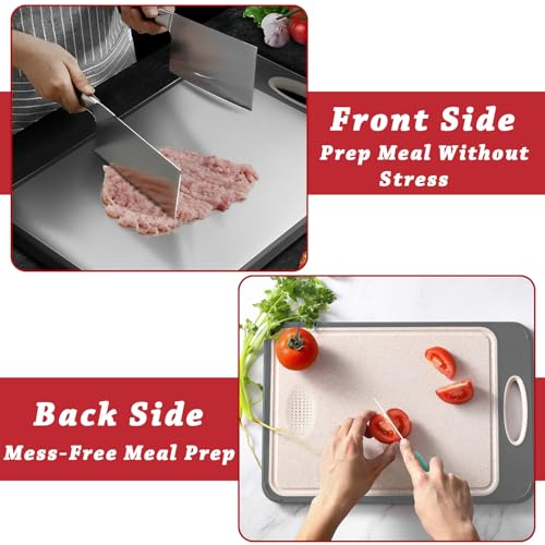 SCARLEY Premium Double-Side using Cutting Board,Large 14×10 316 Stainless Steel Cutting Board Kitchen,Food-Grade Rice Husk Fiber Chopping Board with Knife Sharpener for Kitchen,Easy-Grip Handle