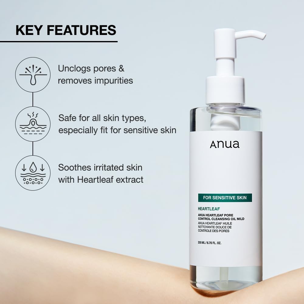 Heartleaf Pore Cleansing Oil MILD, Sensitive Skin Face Wash, Oil Cleanser for Face, Makeup Blackhead Remover, Korean Skin Care, Non-Comedogenic, Fragrance Free 6.76 fl oz(200ml)