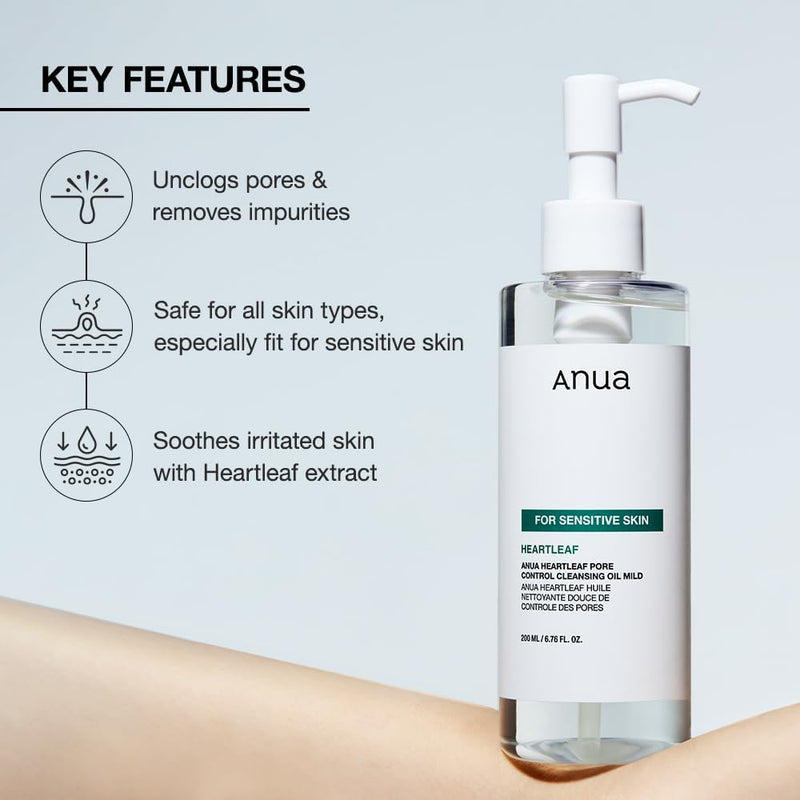 Heartleaf Pore Cleansing Oil MILD, Sensitive Skin Face Wash, Oil Cleanser for Face, Makeup Blackhead Remover, Korean Skin Care, Non-Comedogenic, Fragrance Free 6.76 fl oz(200ml)