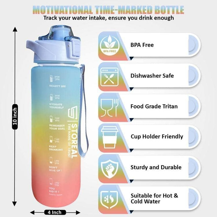 STOREAL Original Tritan Motivational Plastic Water Bottle 1L with Time Markers, Leakproof, Fast Flow, BPA Free Drinking Water Bottle for Kids, School Water Bottles